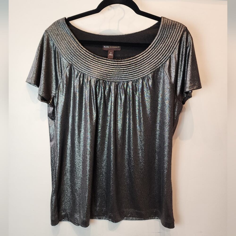 Dana Buchman Gray Black Top Holiday‎ Christmas Party Oversized Shirt Size M - Picture 4 of 8